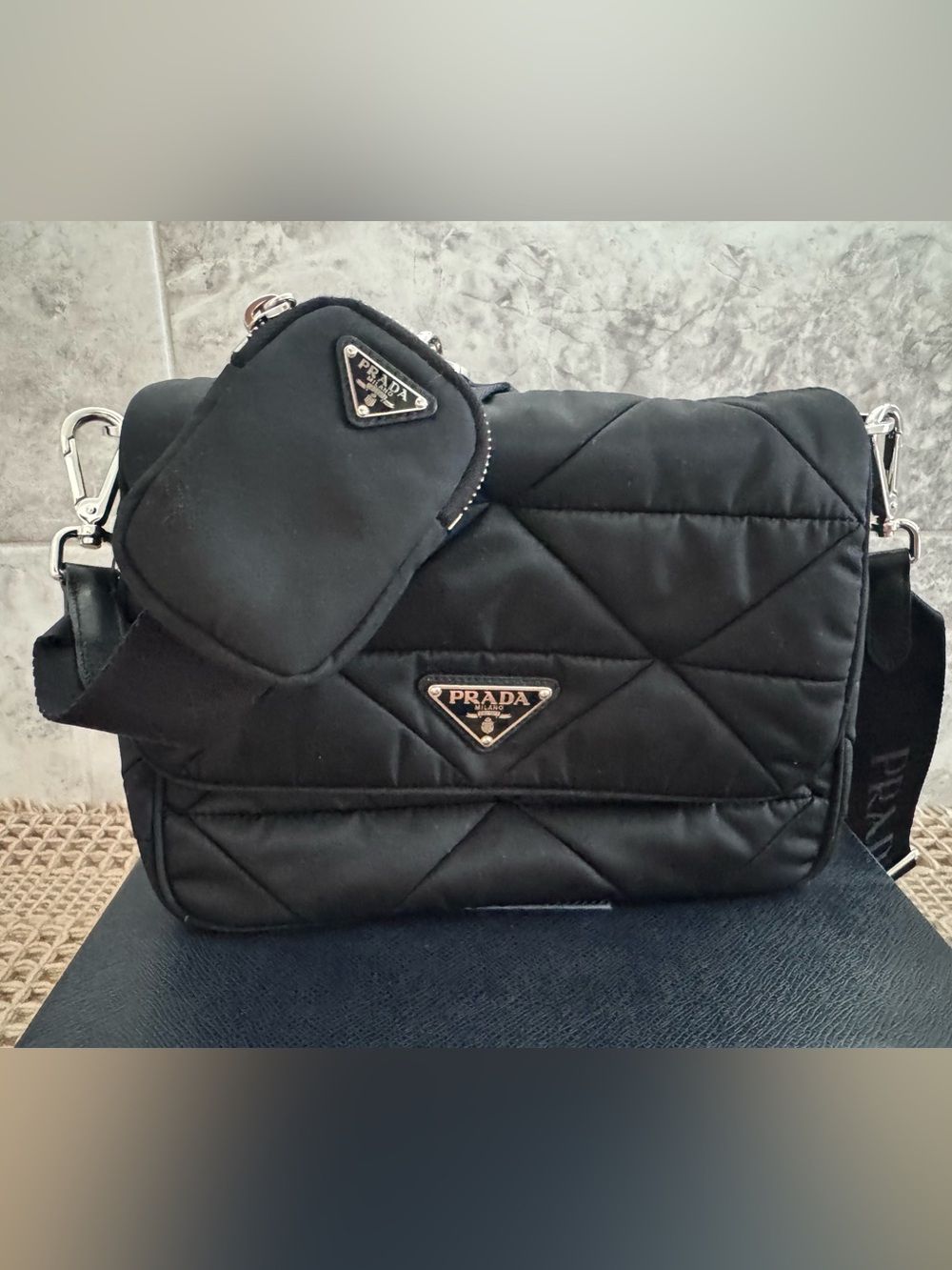 Prada Black Quilted Nylon Shoulder Bag with Matching Pouch